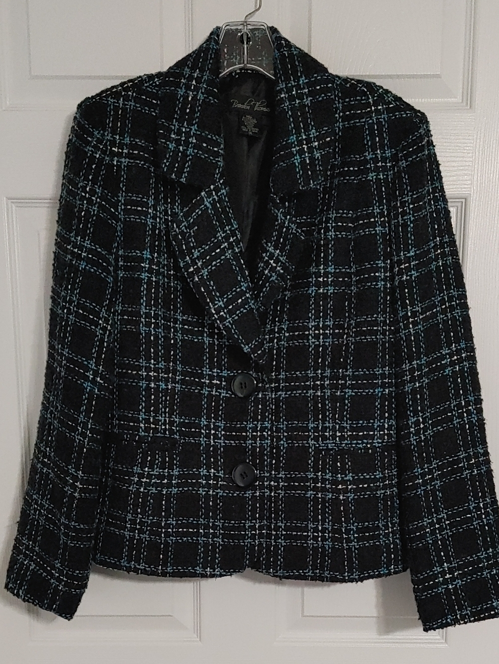 Tailored Black & Teal Blue Plaid Women’s Blazer Jacket Sz 14 Y2K Smart Casual